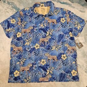 Bird Dog Bay Mens Polo Shirt NWT Blue Jungle Leopard Print Short Sleeve
